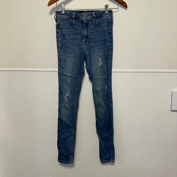 Women's Hollister Juniors 3 R Blue High-Rise Distressed Jeggings 26 W 28 L - Picture 1 of 10